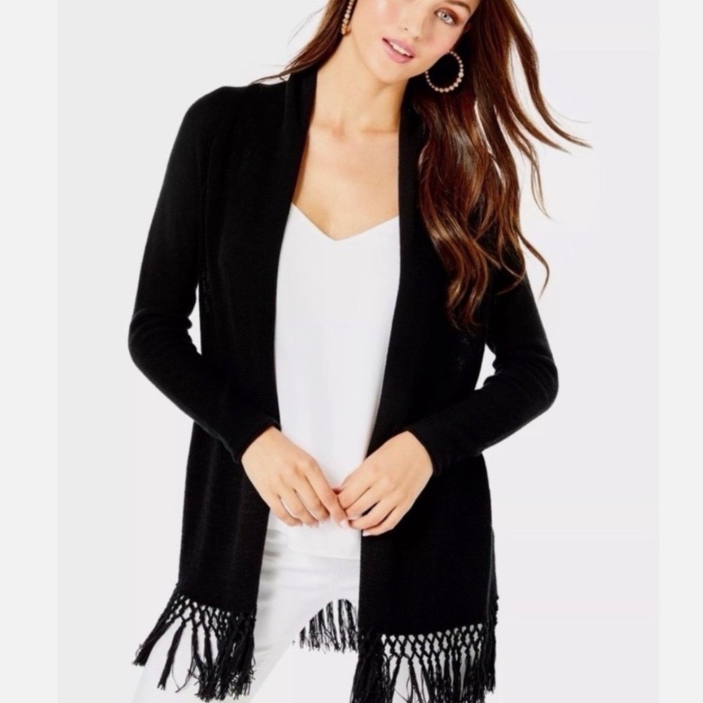 Lilly Pulitzer Black Tatum Long Cardigan Sweater with fringe hem details size XS